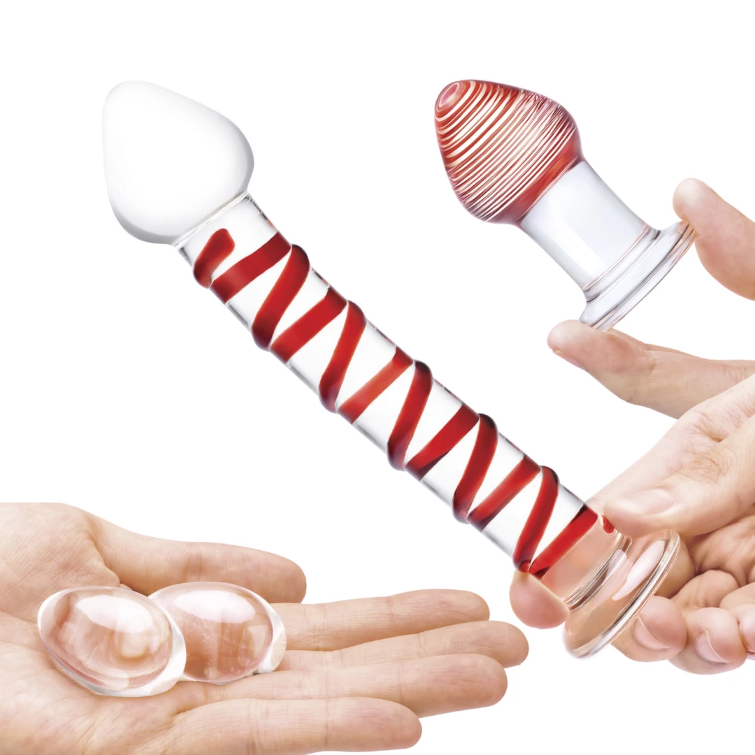 Szklane dildo korek analny i jajeczka z czerwonymi wybrzuszeniami Glas Mr. Swirly