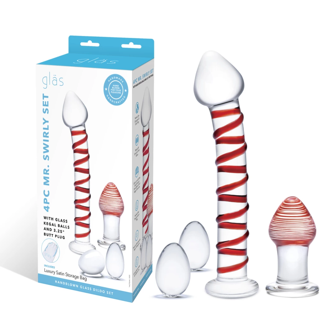 Szklane dildo korek analny i jajeczka z czerwonymi wybrzuszeniami Glas Mr. Swirly