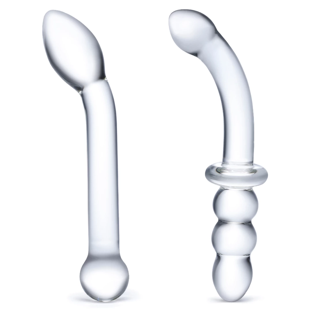 Zestaw dwóch szklanych penisów do punktu G i masturbacji analnej przezroczyste zakrzywione z wybrzuszeniami Glas G Spot Pleasure