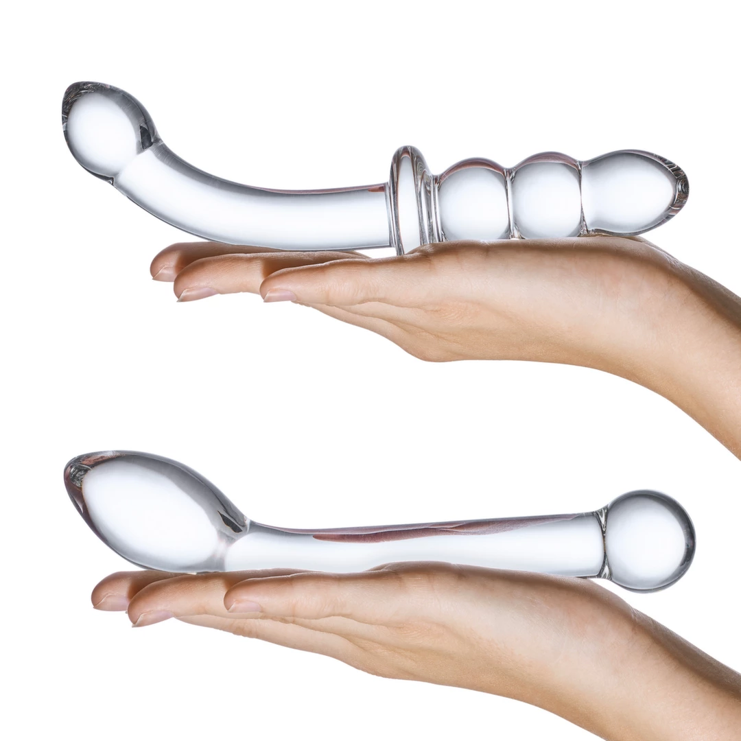 Zestaw dwóch szklanych penisów do punktu G i masturbacji analnej przezroczyste zakrzywione z wybrzuszeniami Glas G Spot Pleasure