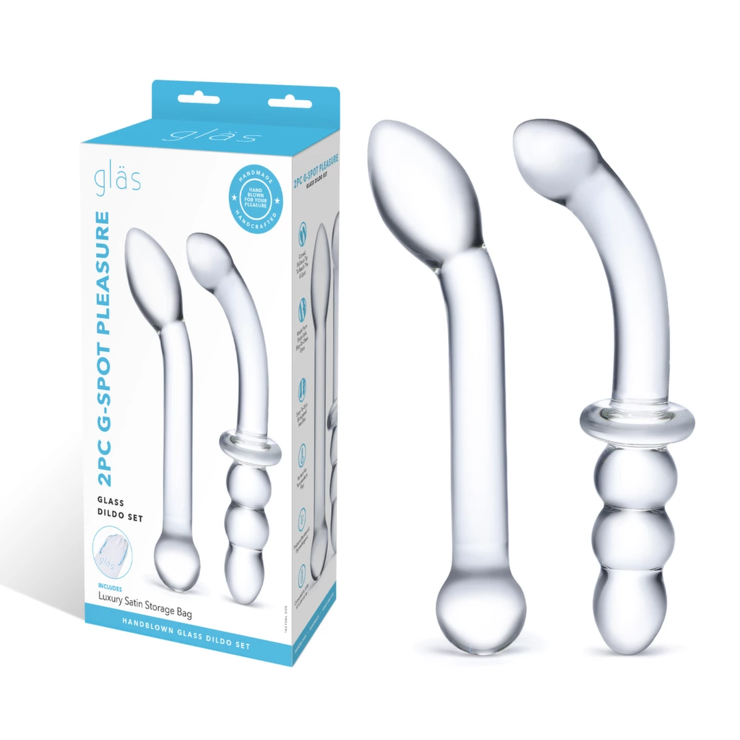 Zestaw dwóch szklanych penisów do punktu G i masturbacji analnej przezroczyste zakrzywione z wybrzuszeniami Glas G Spot Pleasure