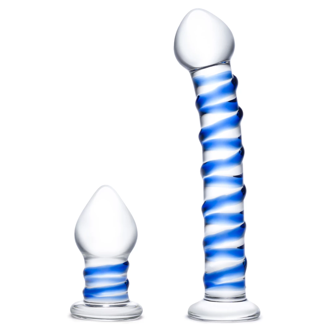 Zestaw korek analny i penis szklany do masturbacji przezroczysty zakrzywiony z niebieskimi wybrzuszeniami Glas Double Penetration