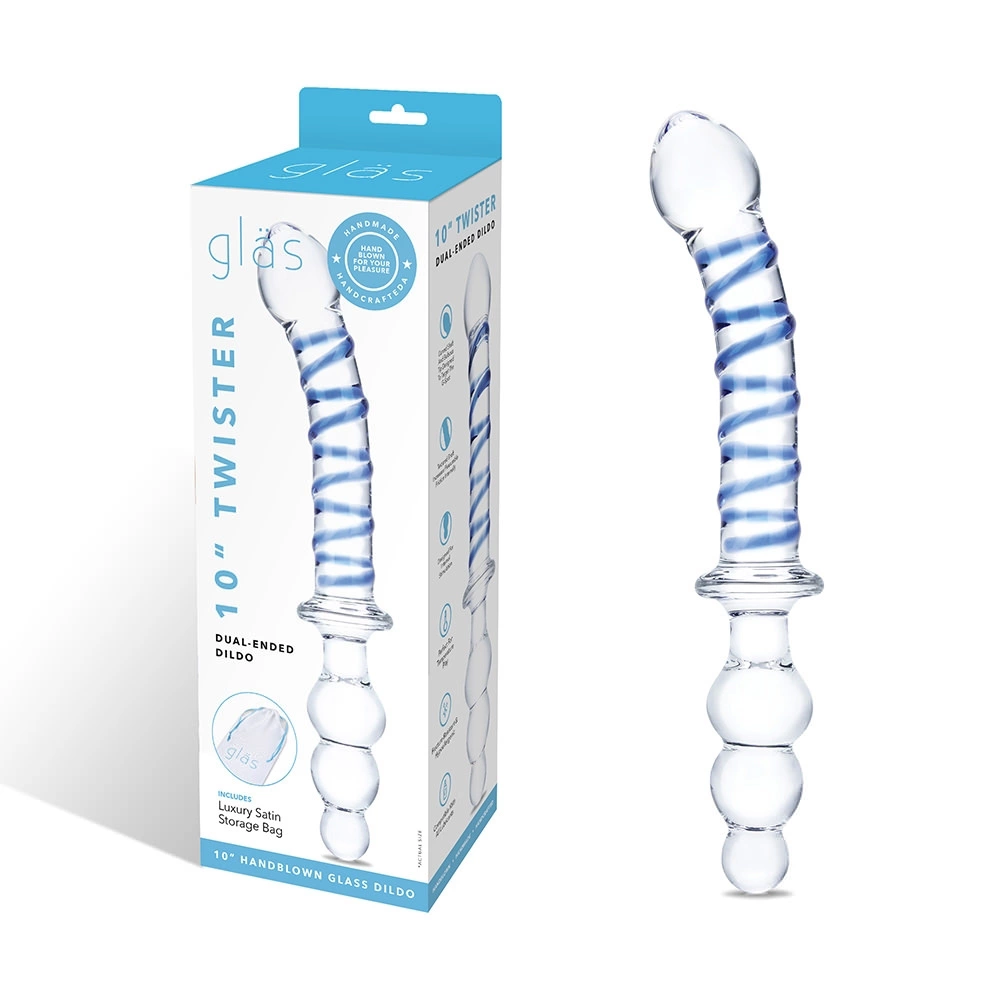 Zakrzywione dildo do masturbacji wykonane ze szkła w niebiesko przezroczystym kolorze Glas 14 cm