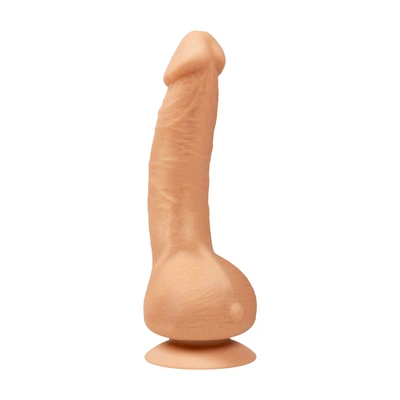 Realistyczne zakrzywione dildo do masturbacji wykonane z beżowego silikonu z jądrami i przyssawką Gvibe 18 cm