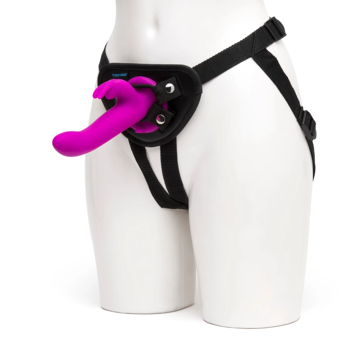 Strapon lateksowy do masturbacji pochwy, łechtaczki i punktu G w kolorze różowym z czarnym paskiem Happy Rabbit Vibrating Strap On 