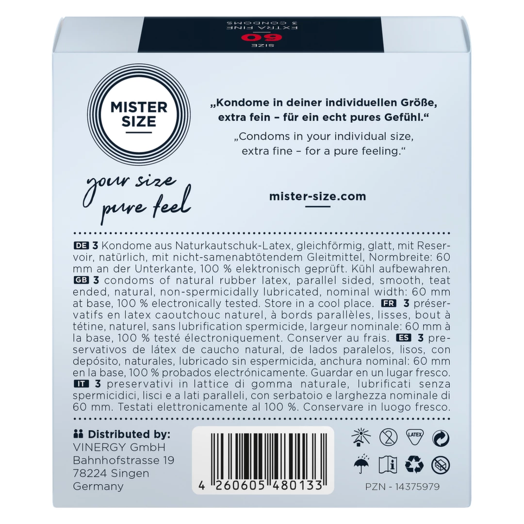 Prezerwatywy lateksowe przezroczyste gładkie do seksu waginalnego Mister Size 60 mm 3 szt