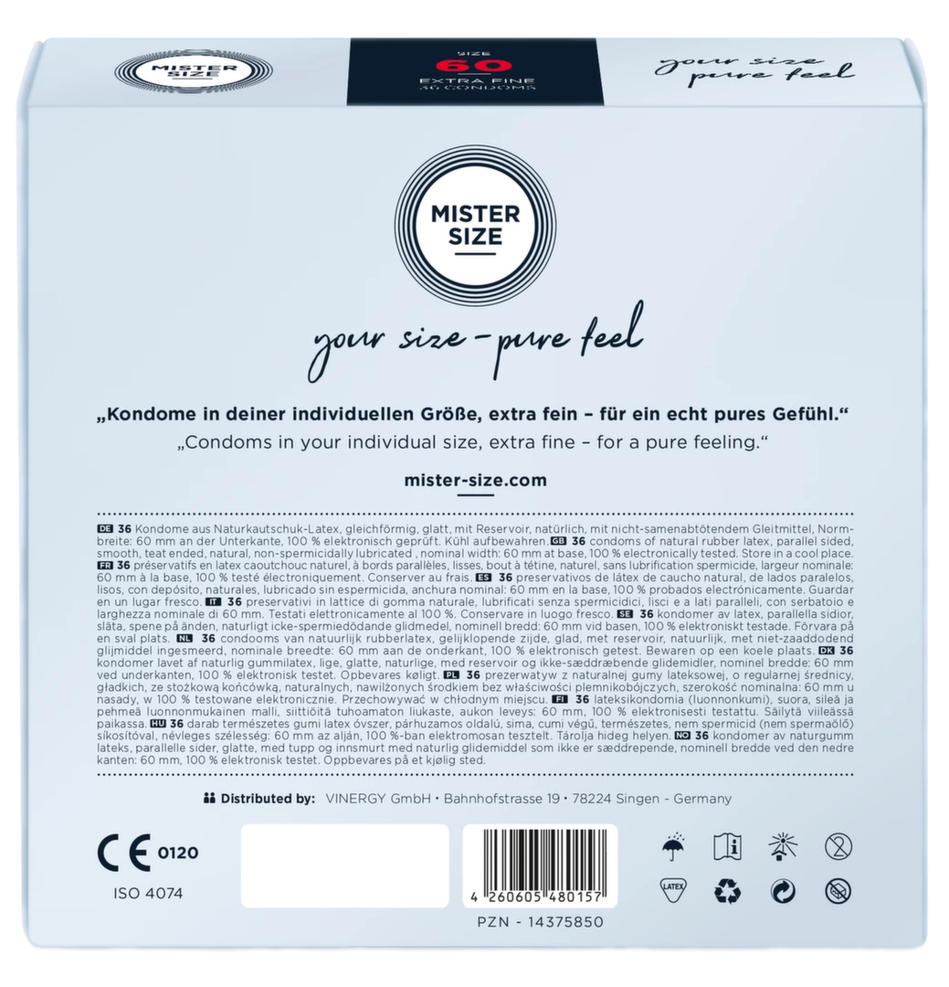 Prezerwatywy lateksowe przezroczyste gładkie do seksu waginalnego Mister Size 60 mm 36 szt