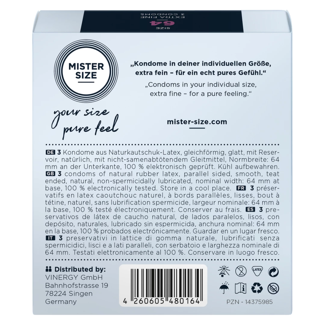 Prezerwatywy lateksowe przezroczyste gładkie do seksu waginalnego Mister Size 64 mm 3 szt