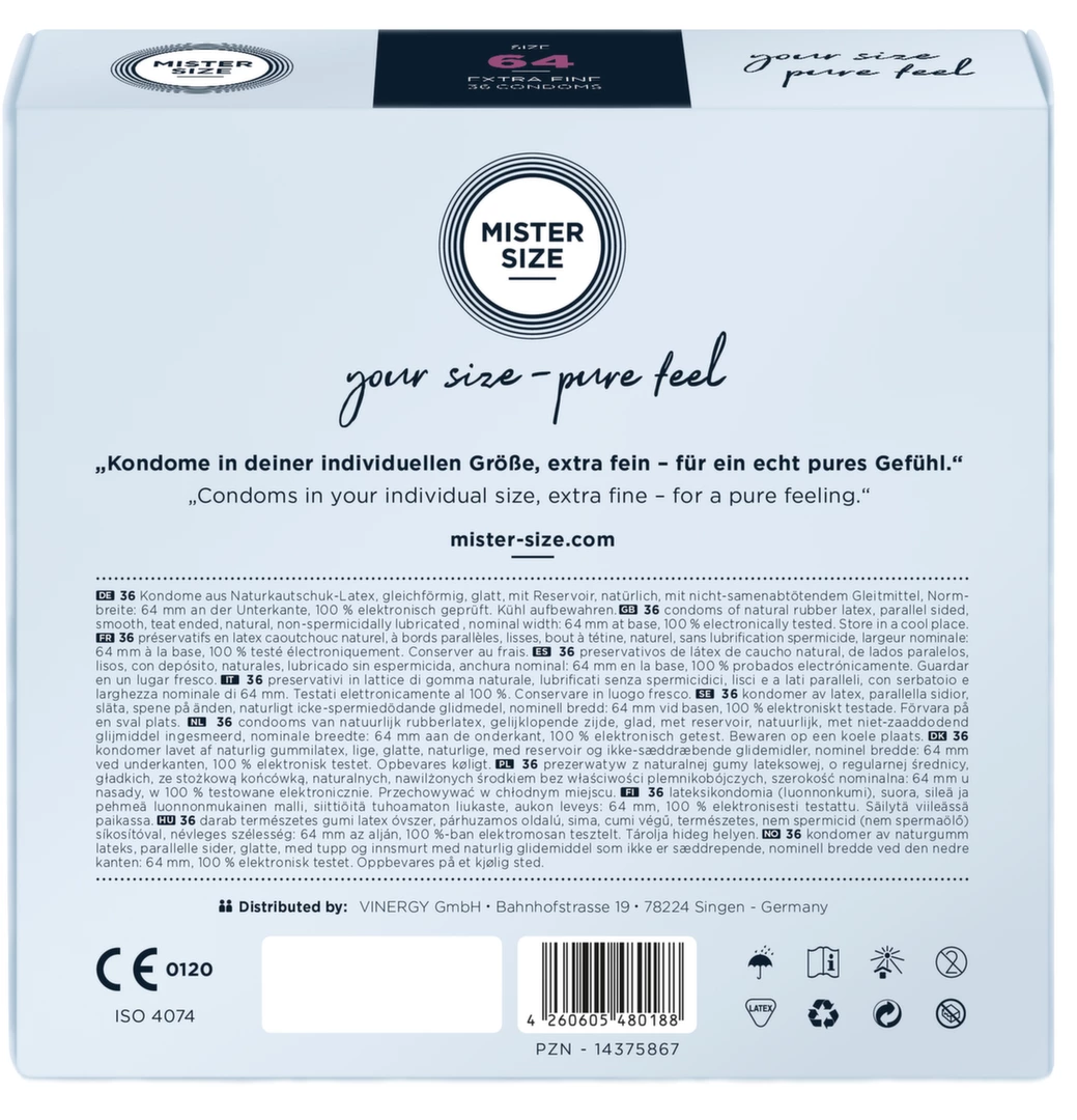 Prezerwatywy lateksowe przezroczyste gładkie do seksu waginalnego Mister Size 64 mm 36 szt