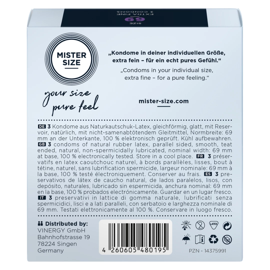 Prezerwatywy lateksowe przezroczyste gładkie do seksu waginalnego Mister Size 69 mm 3 szt