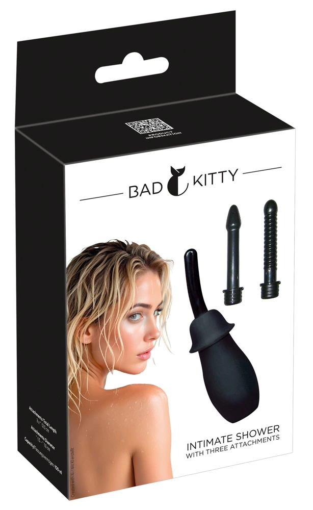 Zestaw gruszek analnych wykonanych z czarnego silikonu z różnymi nasadkami Bad Kitty Intimate shower