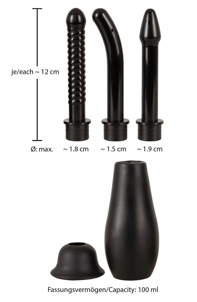 Zestaw gruszek analnych wykonanych z czarnego silikonu z różnymi nasadkami Bad Kitty Intimate shower