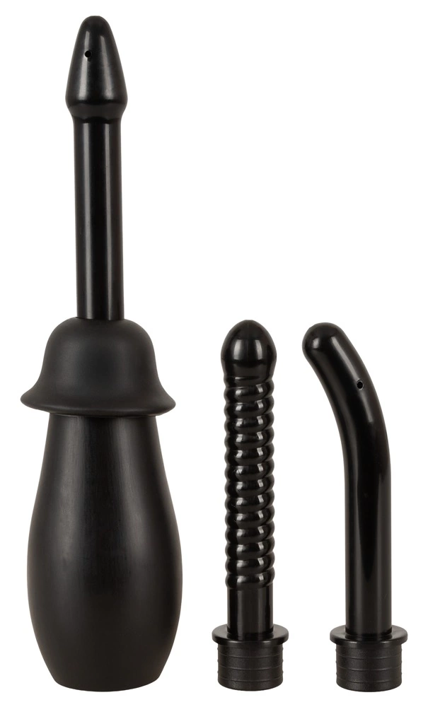 Zestaw gruszek analnych wykonanych z czarnego silikonu z różnymi nasadkami Bad Kitty Intimate shower