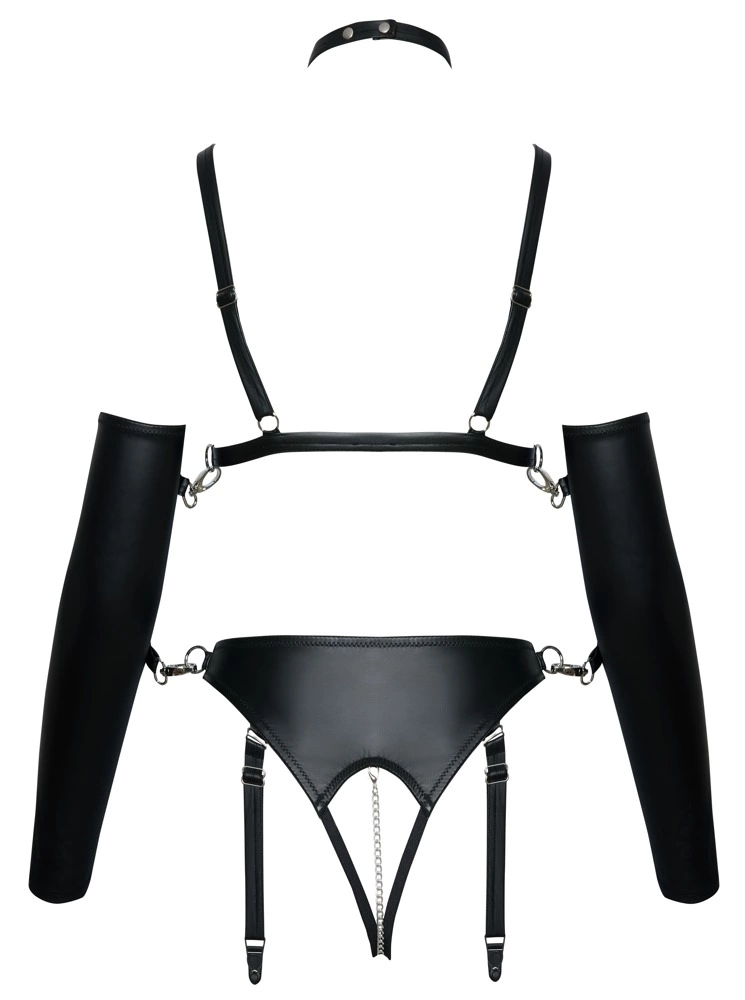 Bad Kitty Zestaw Czarny Matowy Biustonosz Majtki Otwarte Choker Mankiety M