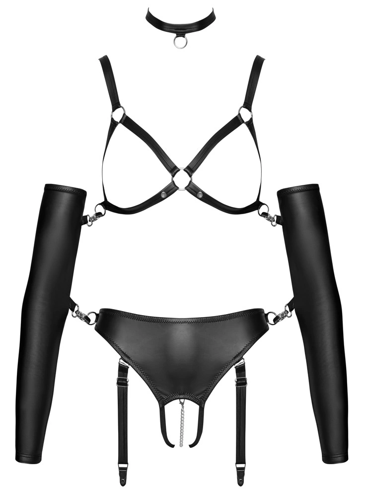 Bad Kitty Zestaw Czarny Matowy Biustonosz Majtki Otwarte Choker Mankiety M