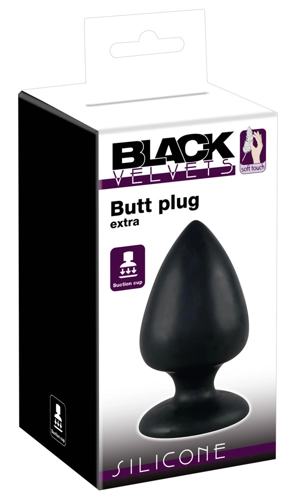 Bardzo duży korek analny wykonany z czarnego silikonu z przyssawką Black Velvets 14 cm