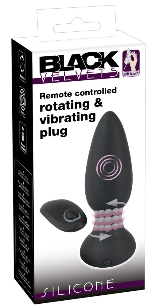 Rotacyjny wibrujący korek analny wykonany z czarnego silikonu z pilotem Black Velvets 14 cm