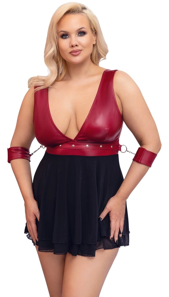 Cottelli Bondage Plus Babydoll z Mankietami Czerwono-Czarna 3XL