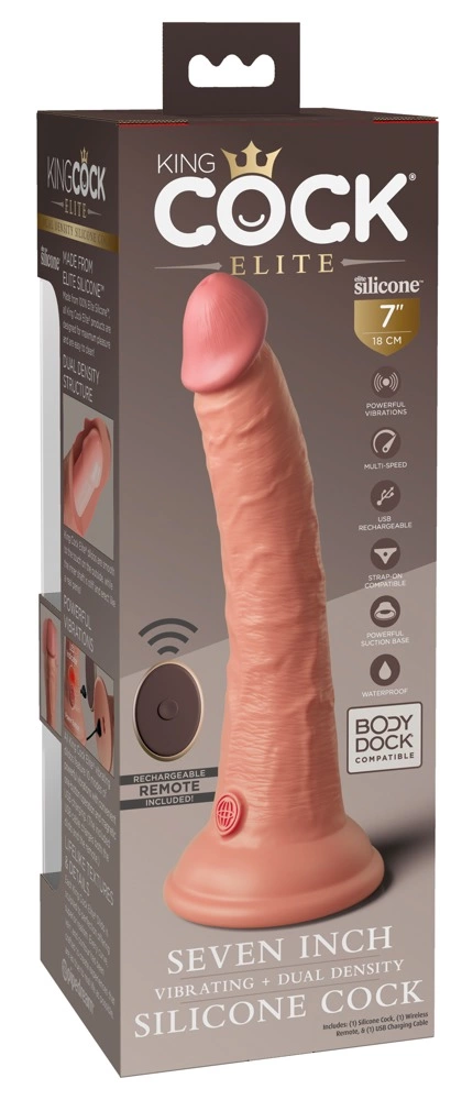 Realistyczny wibrator silikonowy z przyssawką wykonany w kolorze beżowym z pilotem King Cock Elite 18 cm Realistyczny wibrator silikonowy z przyssawką wykonany w kolorze beżowym z pilotem King Cock Elite 18 cm