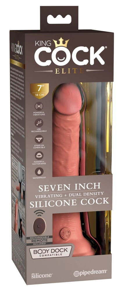 Realistyczny wibrator silikonowy z przyssawką wykonany w kolorze beżowym z pilotem King Cock Elite 18 cm