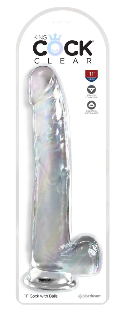 Realistyczne zakrzywione dildo do masturbacji wykonane z przezroczystego silikonu z przyssawką i jądrami King Cock Clear 30 cm