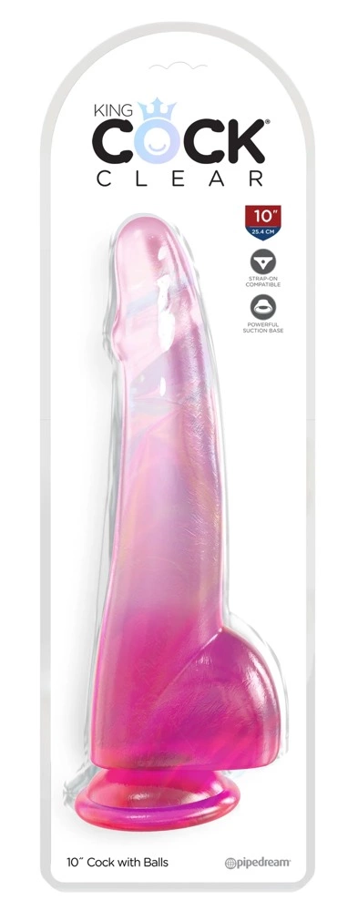 Realistyczne zakrzywione dildo do masturbacji wykonane z przezroczystych i różowych elastomerów termoplastycznych z przyssawką i jądrami King Cock Clear 28 cm