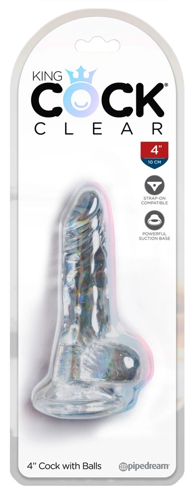 Realistyczne dildo do masturbacji wykonane z przezroczystych termoplastycznych elastomerów z przyssawką i jądrami King Cock Clear 10 cm