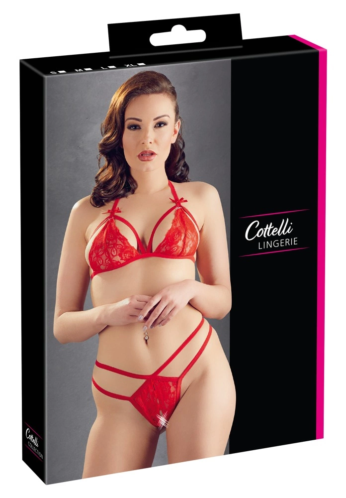 Cottelli Collection Koronkowy komplet biustonosz i stringi czerwony XL