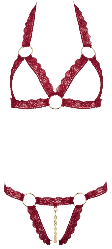 Cottelli Collection Komplet Koronkowy Otwarty z Łańcuszkiem Czerwony M/L