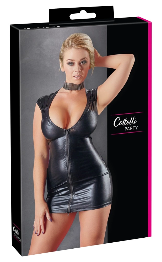 Cottelli PARTY Mini Sukienka Czarna L Wet Look, Głęboki Dekolt