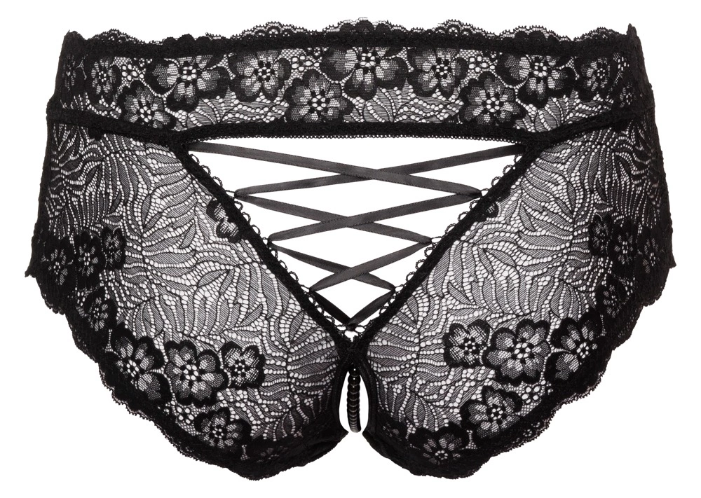 Cottelli CURVES - Czarne Figi Bez Krocza Z Perełkami I Wstążką 4XL