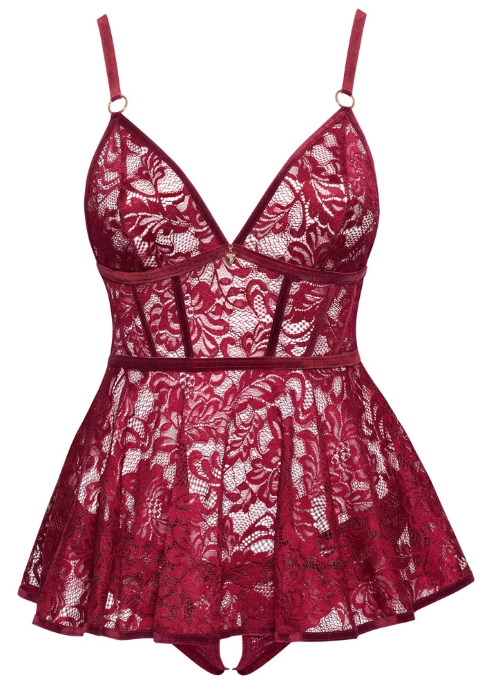 Cottelli Curves Babydoll koronkowa + majtki bezkrokowe czerwone XL