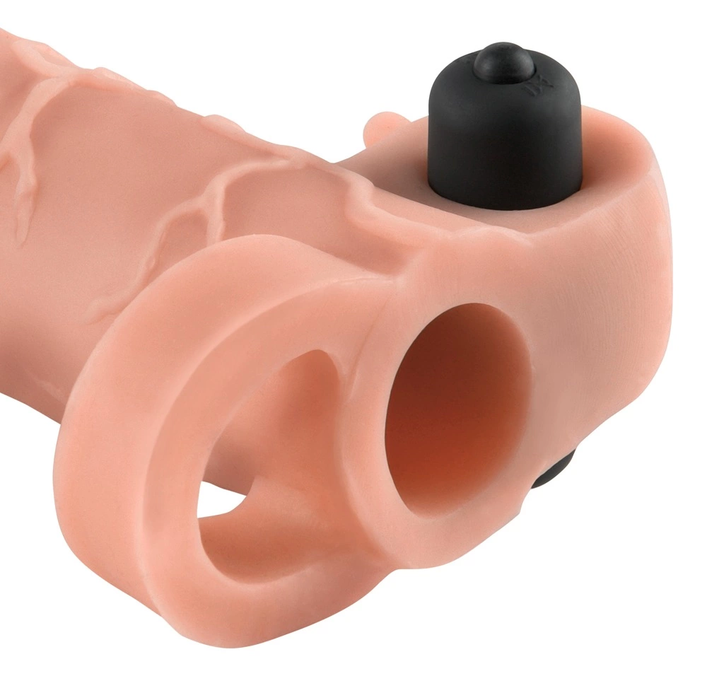 Wibrująca nakładka na penisa wykonana z termoplastycznego elastomeru w kolorze beżowym Fantasy X-Tensions 14 cm