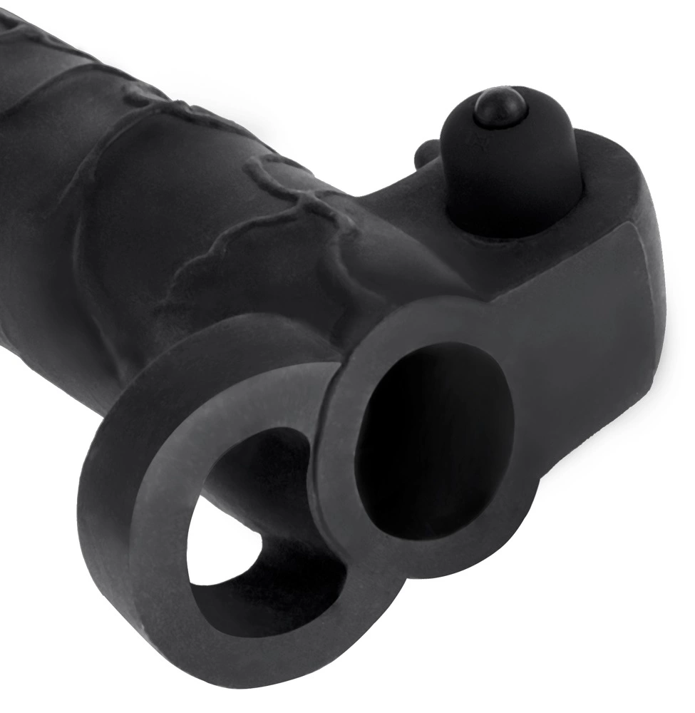Wibrująca nakładka na penisa i jądra wykonana z termoplastycznych elastomerów w ciemnym kolorze Fantasy X-Tensions 16 cm