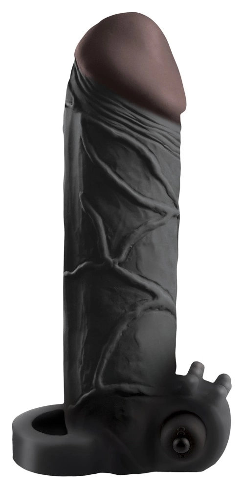 Wibrująca nakładka na penisa i jądra wykonana z termoplastycznych elastomerów w ciemnym kolorze Fantasy X-Tensions 16 cm