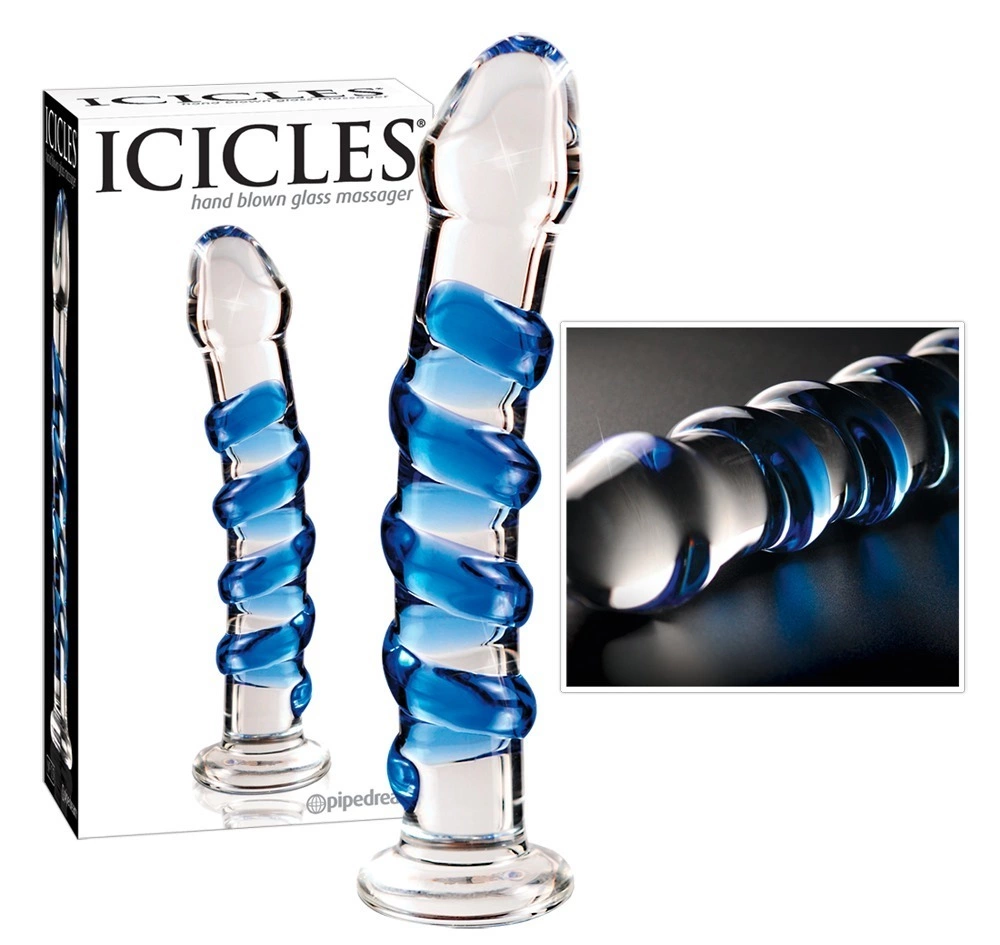 Dildo zakrzywione do masturbacji wykonane ze szkła z wypustkami w kolorze niebieskim Icicles 18 cm
