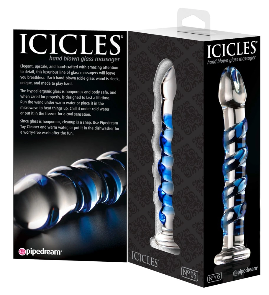 Dildo zakrzywione do masturbacji wykonane ze szkła z wypustkami w kolorze niebieskim Icicles 18 cm