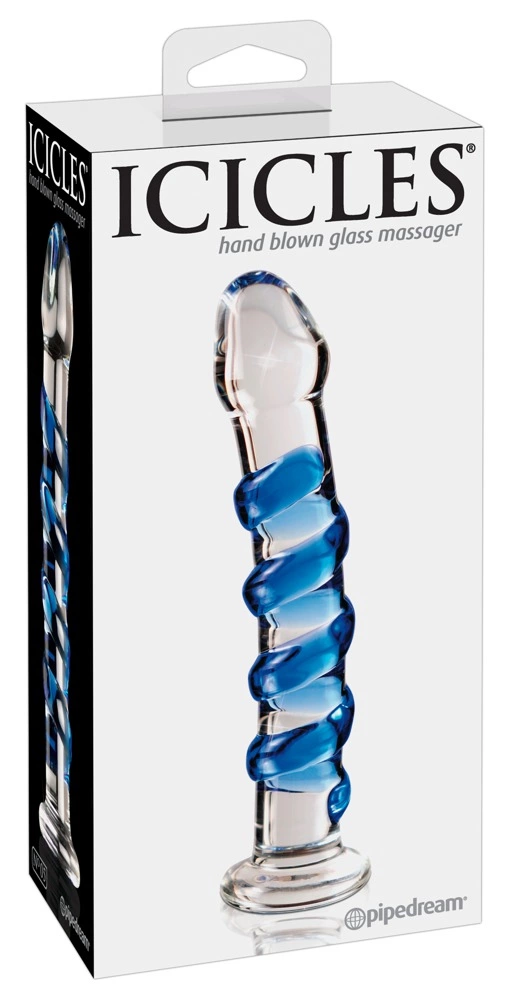 Dildo zakrzywione do masturbacji wykonane ze szkła z wypustkami w kolorze niebieskim Icicles 18 cm
