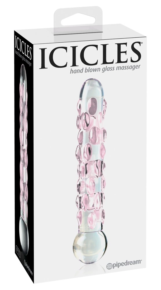 Dildo do masturbacji wykonane ze szkła z wypustkami w kolorze różowym Icicles 18 cm