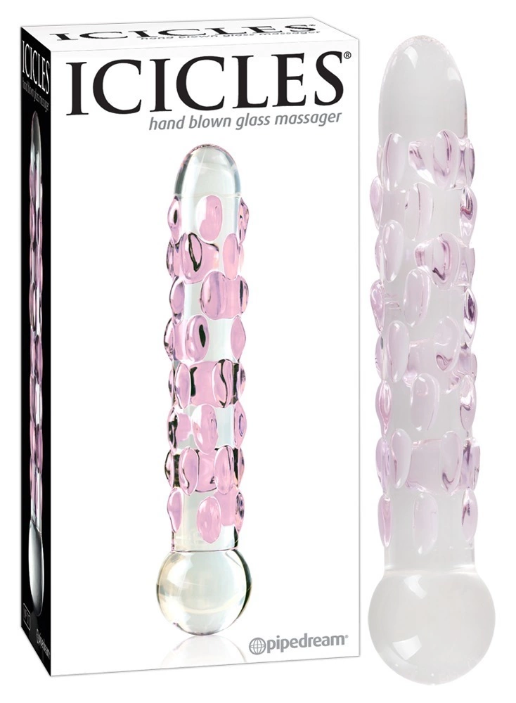 Dildo do masturbacji wykonane ze szkła z wypustkami w kolorze różowym Icicles 18 cm