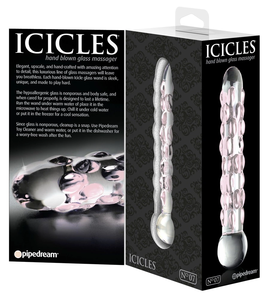 Dildo do masturbacji wykonane ze szkła z wypustkami w kolorze różowym Icicles 18 cm