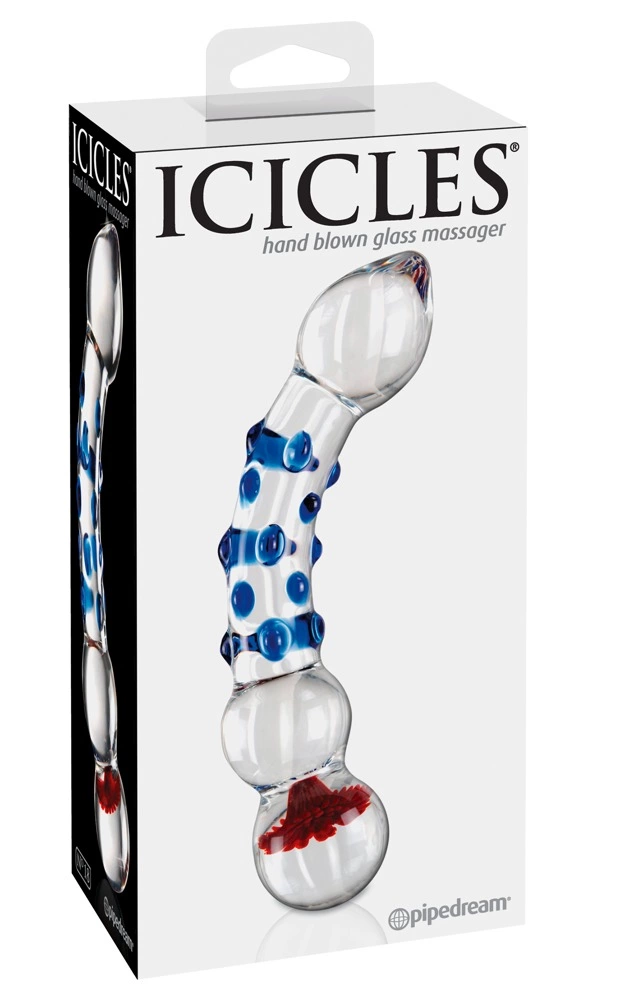 Dildo zakrzywione do masturbacji punktu G wykonane ze szkła z wypustkami w kolorze niebieskim Icicles 18 cm