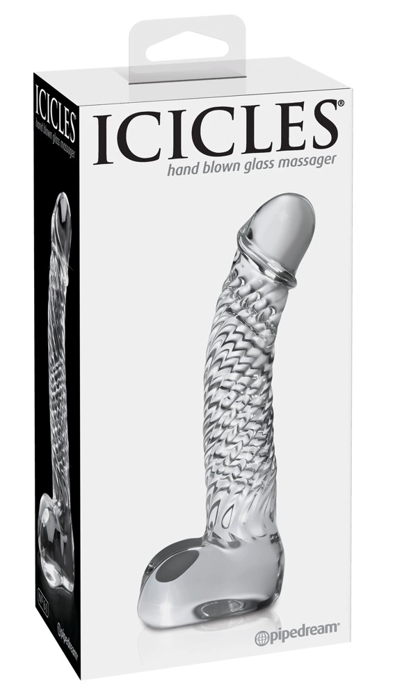 Realistyczne zakrzywione żebrowane dildo do masturbacji wykonane ze szkła z jądrami Icicles 16 cm