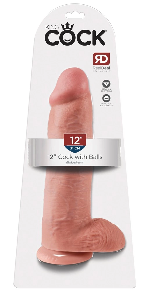 Realistyczne dildo do masturbacji wykonane z beżowego silikonu z przyssawką i jądrami King Cock 30 cm