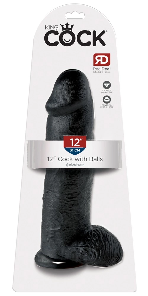 Realistyczne dildo do masturbacji wykonane z czarnego silikonu z przyssawką i jądrami King Cock 30 cm