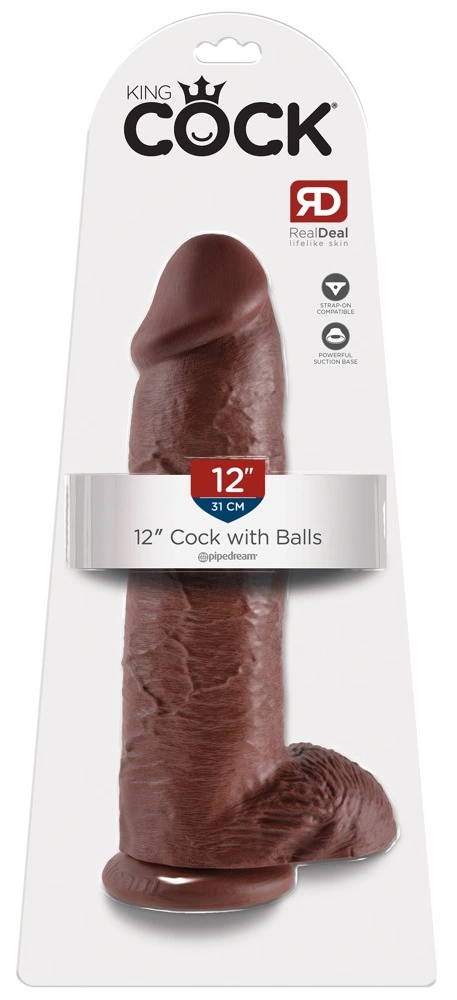 Realistyczne dildo do masturbacji wykonane z brązowego silikonu z przyssawką i jądrami King Cock 30 cm