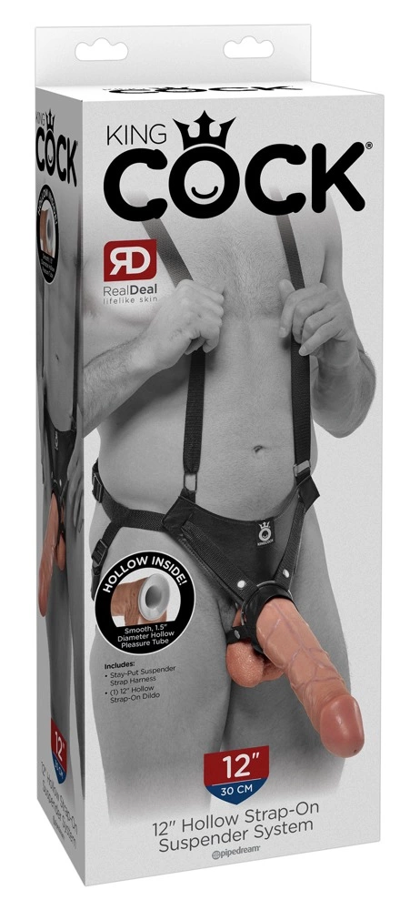 Duży realistyczny strapon do masturbacji waginy w kolorze beżowym z czarnym King Cock KC 12 Hollow Strap On 30 cm