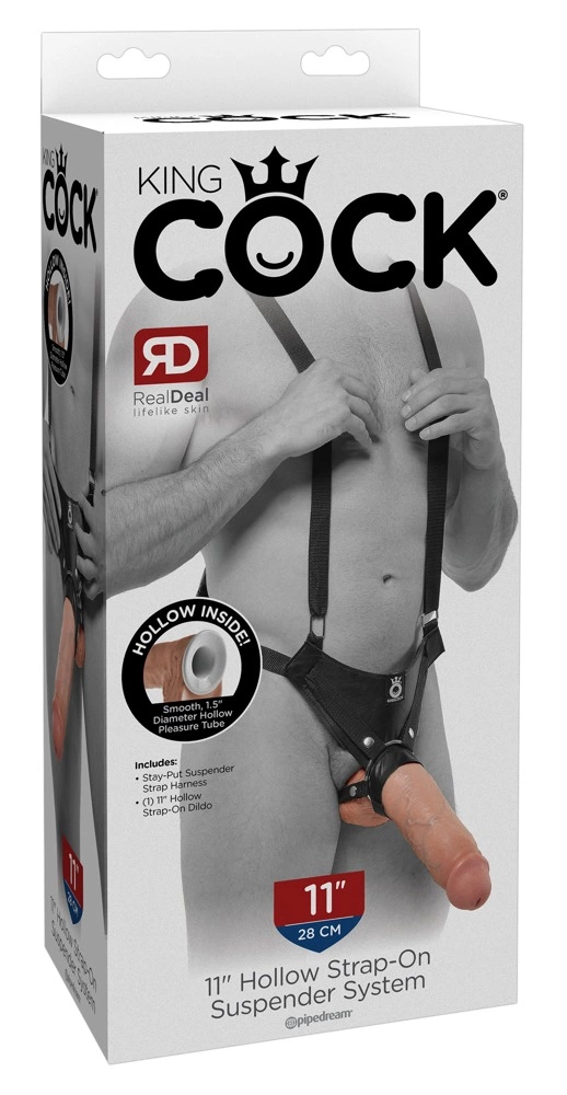 Duży realistyczny strapon do masturbacji waginy w kolorze beżowym z czarnym King Cock KC 11Hollow Strap On 28 cm