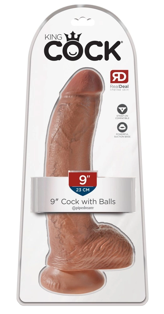 Realistyczne zakrzywione dildo do masturbacji wykonane z beżowego silikonu z przyssawką i jądrami King Cock 23 cm