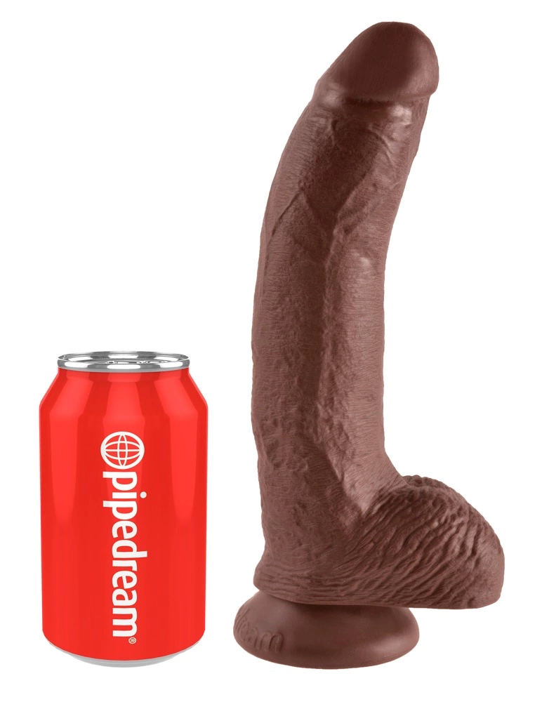 Realistyczne zakrzywione dildo do masturbacji wykonane z brązowego silikonu z przyssawką i jądrami King Cock 23 cm